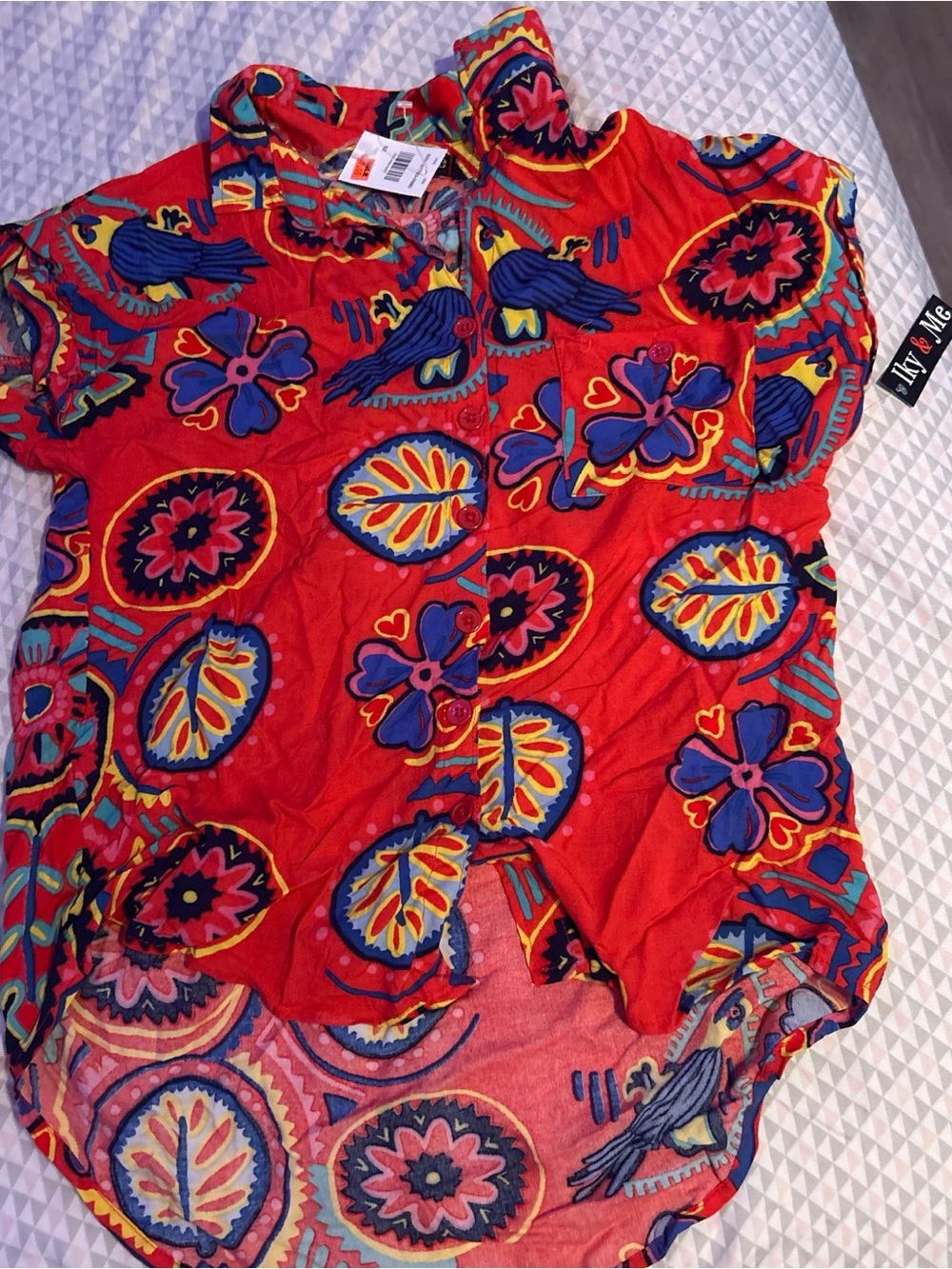 Vibrant Red Tropical Print Button-Up Shirt